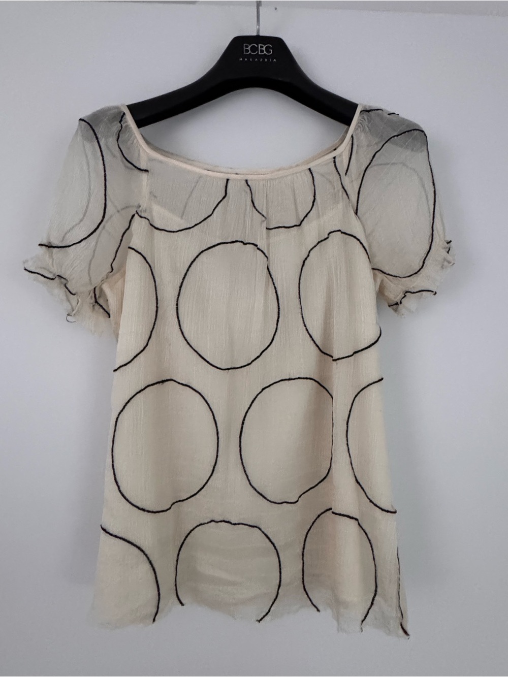 Kay Unger Cream and Black Polka Dot Short Sleeve Silk Top